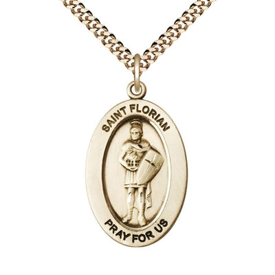 St. Florian 14kt Gold-filled Oval Necklace with 24 inch Gold-Plated Chain, Medal Measures 1-inch tall by 5/8-inch wide, Bliss Manufacturing