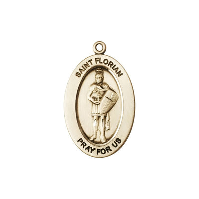St. Florian 14kt Gold Oval Pendant, Medal Measures 1-inch tall by 5/8-inch wide, Bliss Manufacturing