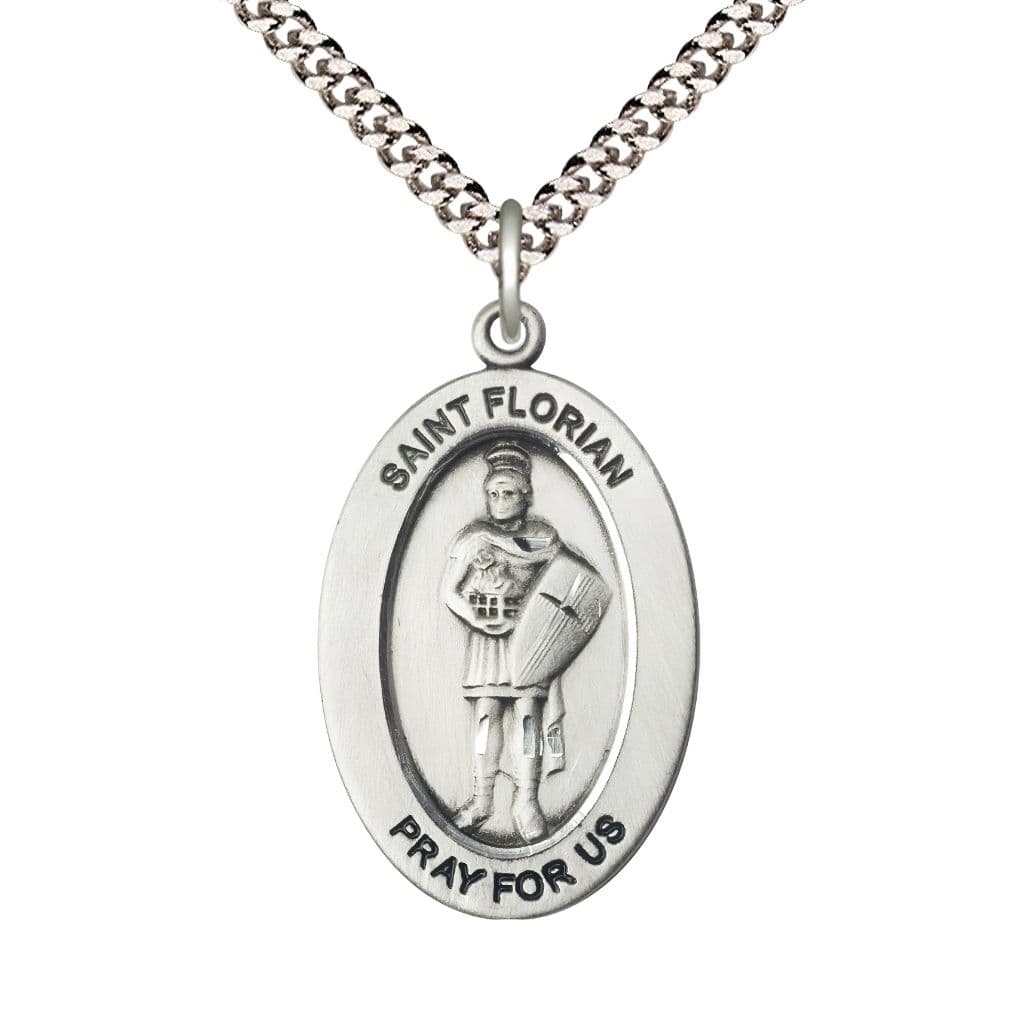 Bliss St. Florian Sterling Silver Oval Necklace with 24 inch Rhodium-Plated Chain, Medal Measures 1-inch tall by 5/8-inch wide.