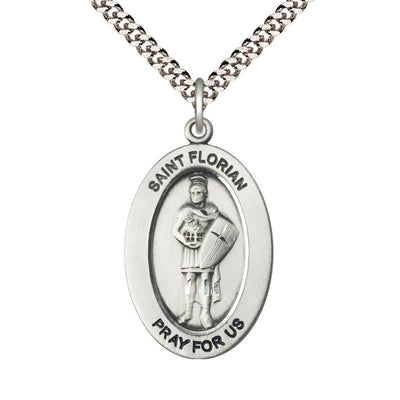 St. Florian Sterling Silver Oval Necklace with 24 inch Rhodium-Plated Chain, Medal Measures 1-inch tall by 5/8-inch wide, Bliss Manufacturing