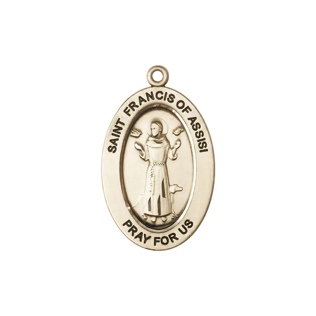 Bliss St. Francis of Assisi 14kt Gold Oval Pendant, Medal Measures 1-inch tall by 5/8-inch wide.