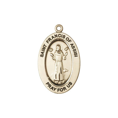 St. Francis of Assisi 14kt Gold Oval Pendant, Medal Measures 1-inch tall by 5/8-inch wide, Bliss Manufacturing