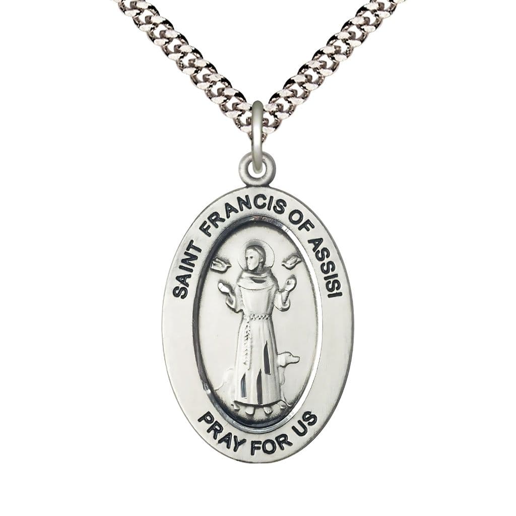 Bliss St. Francis of Assisi Sterling Silver Oval Necklace with 24 inch Rhodium-Plated Chain, Medal Measures 1-inch tall by 5/8-inch wide.