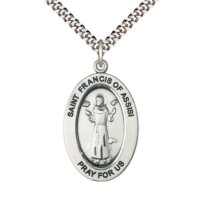 St. Francis of Assisi Sterling Silver Oval Necklace with 24 inch Rhodium-Plated Chain, Medal Measures 1-inch tall by 5/8-inch wide, Bliss Manufacturing