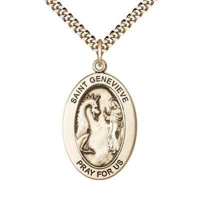 St. Genevieve 14kt Gold-filled Oval Necklace with 24 inch Gold-Plated Chain, Medal Measures 1-inch tall by 5/8-inch wide, Bliss Manufacturing