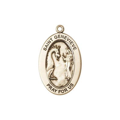 St. Genevieve 14kt Gold Oval Pendant, Medal Measures 1-inch tall by 5/8-inch wide, Bliss Manufacturing