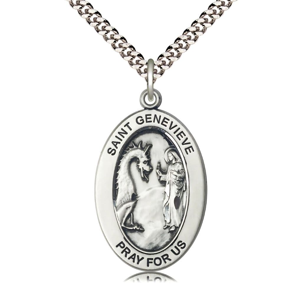 Bliss St. Genevieve Sterling Silver Oval Necklace with 24 inch Rhodium-Plated Chain, Medal Measures 1-inch tall by 5/8-inch wide.