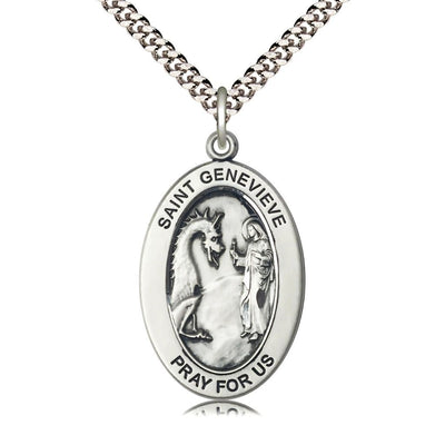 St. Genevieve Sterling Silver Oval Necklace with 24 inch Rhodium-Plated Chain, Medal Measures 1-inch tall by 5/8-inch wide, Bliss Manufacturing