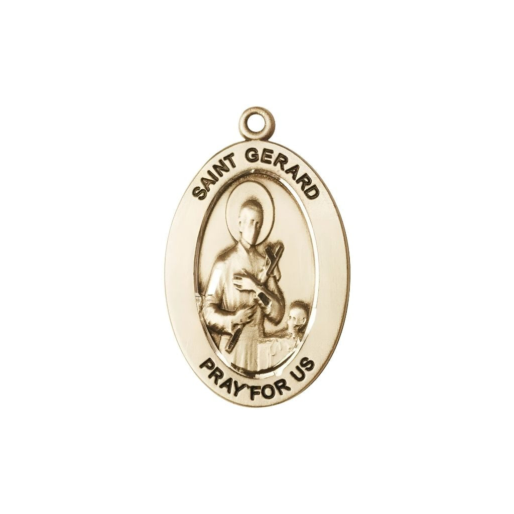 Bliss St. Gerard Majella 14kt Gold Oval Pendant, Medal Measures 1-inch tall by 5/8-inch wide.