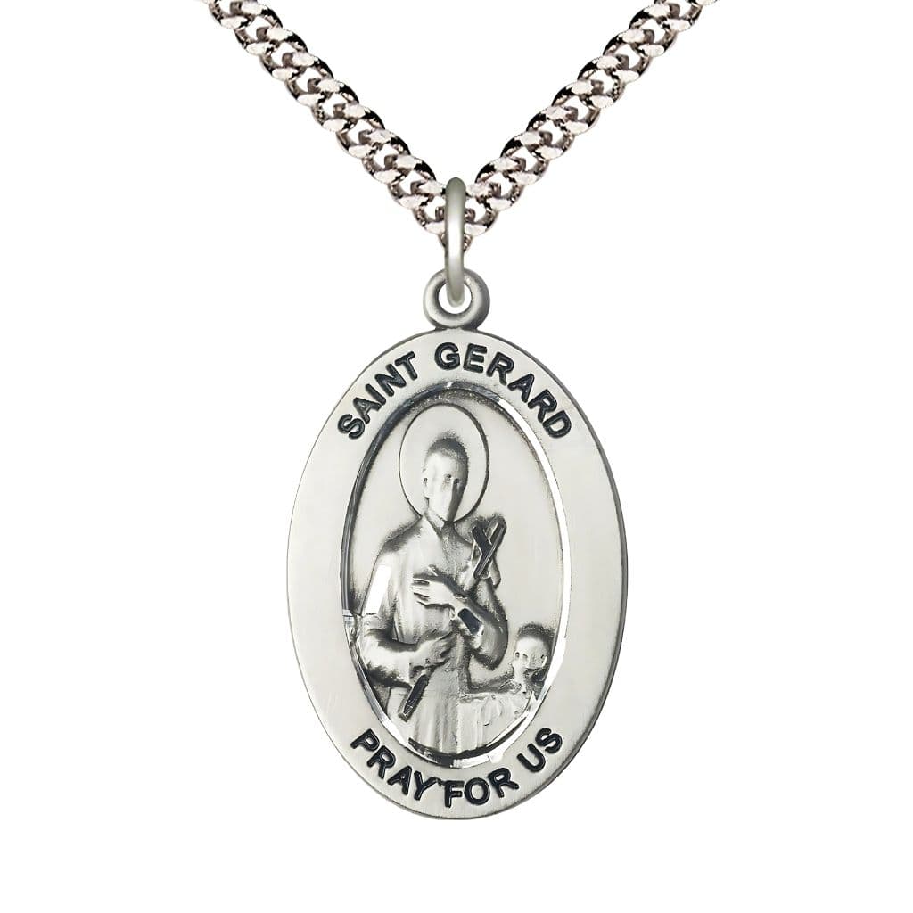 Bliss St. Gerard Majella Sterling Silver Oval Necklace with 24 inch Rhodium-Plated Chain, Medal Measures 1-inch tall by 5/8-inch wide.