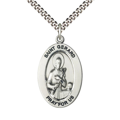 St. Gerard Majella Sterling Silver Oval Necklace with 24 inch Rhodium-Plated Chain, Medal Measures 1-inch tall by 5/8-inch wide, Bliss Manufacturing