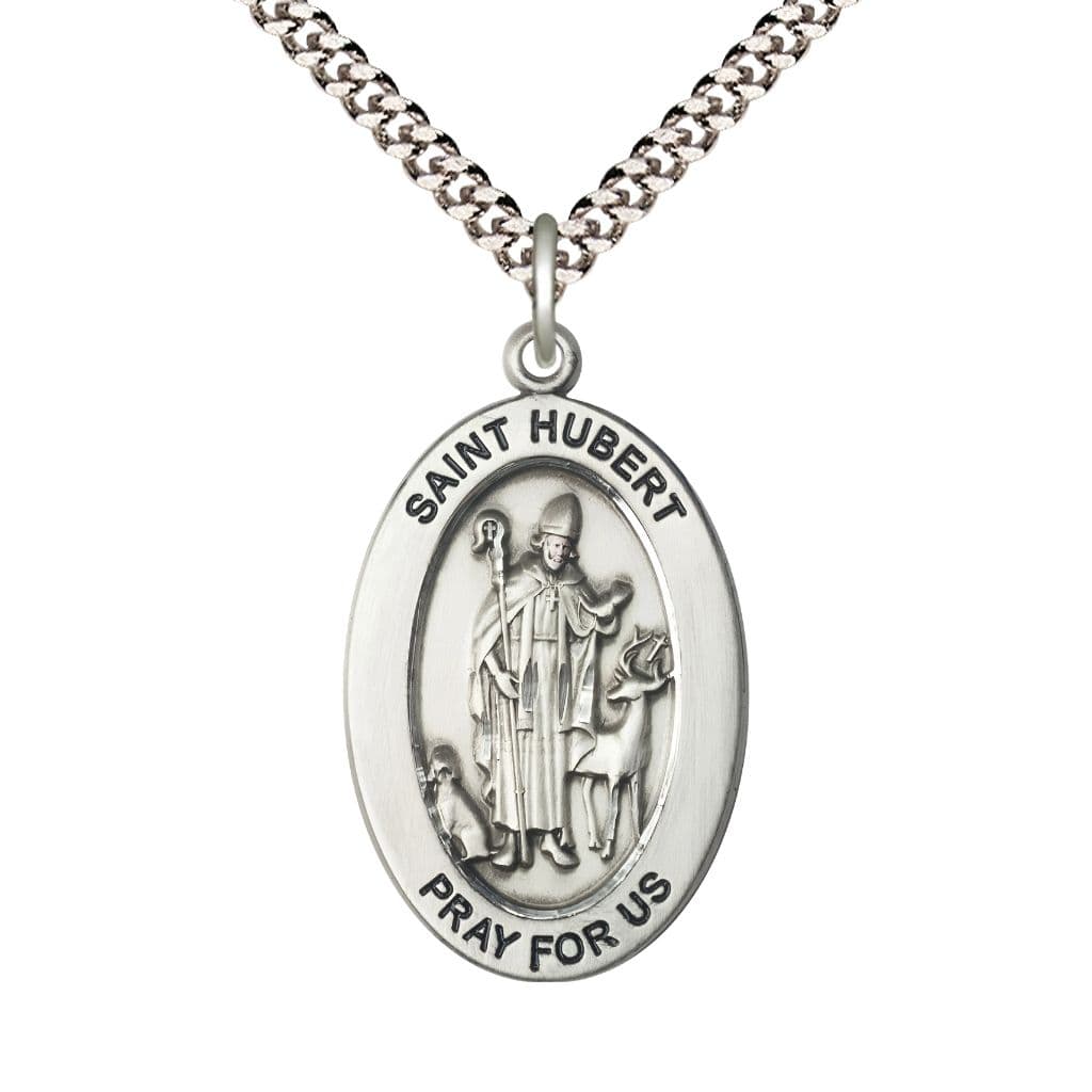 Bliss St. Hubert of Liege Sterling Silver Oval Necklace with 24 inch Rhodium-Plated Chain, Medal Measures 1-inch tall by 5/8-inch wide.