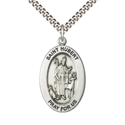 St. Hubert of Liege Sterling Silver Oval Necklace with 24 inch Rhodium-Plated Chain, Medal Measures 1-inch tall by 5/8-inch wide, Bliss Manufacturing
