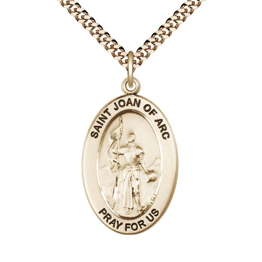 Bliss St. Joan of Arc 14kt Gold-filled Oval Necklace with 24 inch Gold-Plated Chain, Medal Measures 1-inch tall by 5/8-inch wide.
