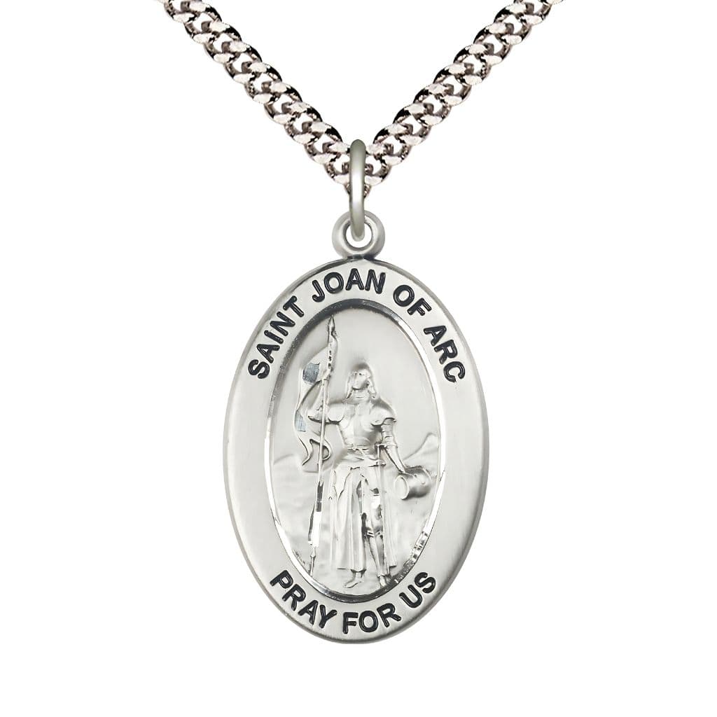 Bliss St. Joan of Arc Sterling Silver Oval Necklace with 24 inch Rhodium-Plated Chain, Medal Measures 1-inch tall by 5/8-inch wide.