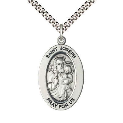 St. Joseph Pewter Oval Necklace with 24 inch Rhodium-Plated Chain, Medal Measures 1-inch tall by 5/8-inch wide, Bliss Manufacturing