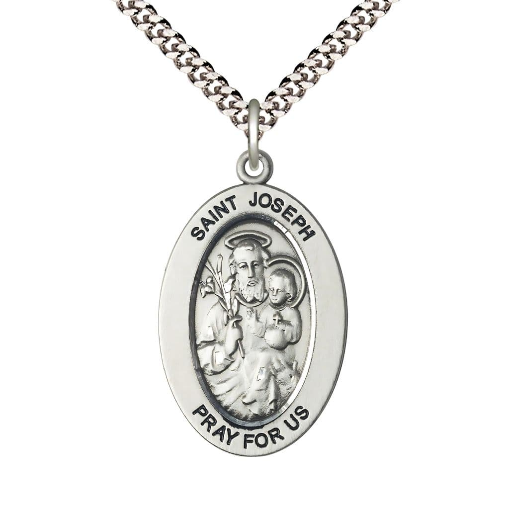 Bliss St. Joseph Sterling Silver Oval Necklace with 24 inch Rhodium-Plated Chain, Medal Measures 1-inch tall by 5/8-inch wide.