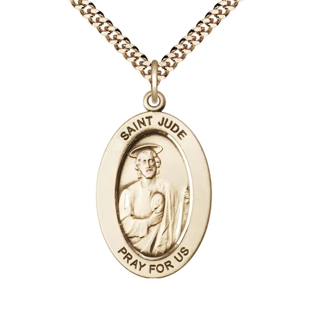 Bliss St. Jude Thaddeus 14kt Gold-filled Oval Necklace with 24 inch Gold-Plated Chain, Medal Measures 1-inch tall by 5/8-inch wide.