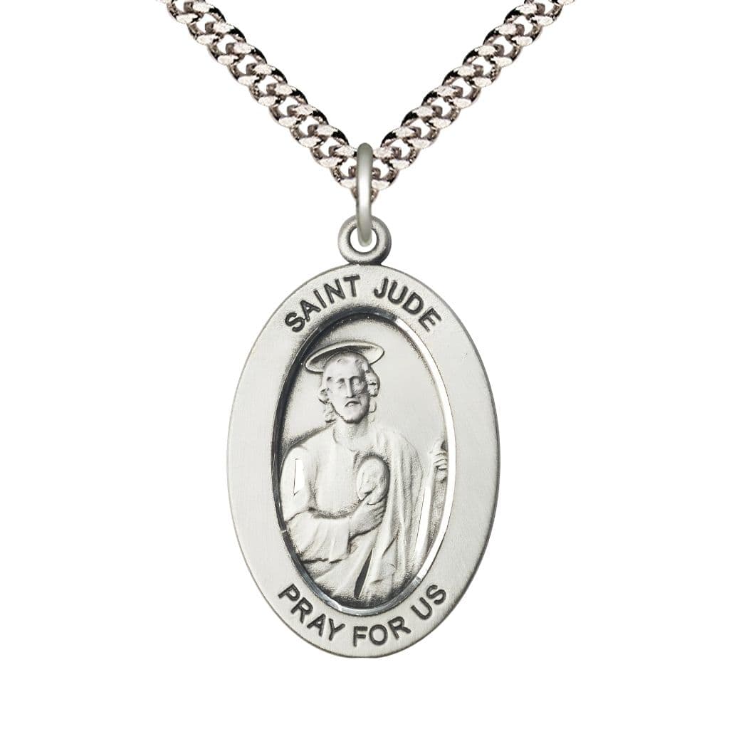 Bliss St. Jude Thaddeus Sterling Silver Oval Necklace with 24 inch Rhodium-Plated Chain, Medal Measures 1-inch tall by 5/8-inch wide.