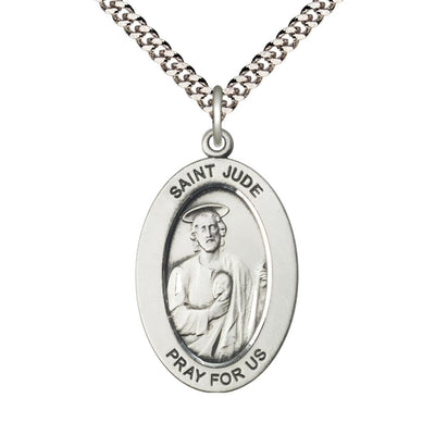 St. Jude Thaddeus Sterling Silver Oval Necklace with 24 inch Rhodium-Plated Chain, Medal Measures 1-inch tall by 5/8-inch wide, Bliss Manufacturing