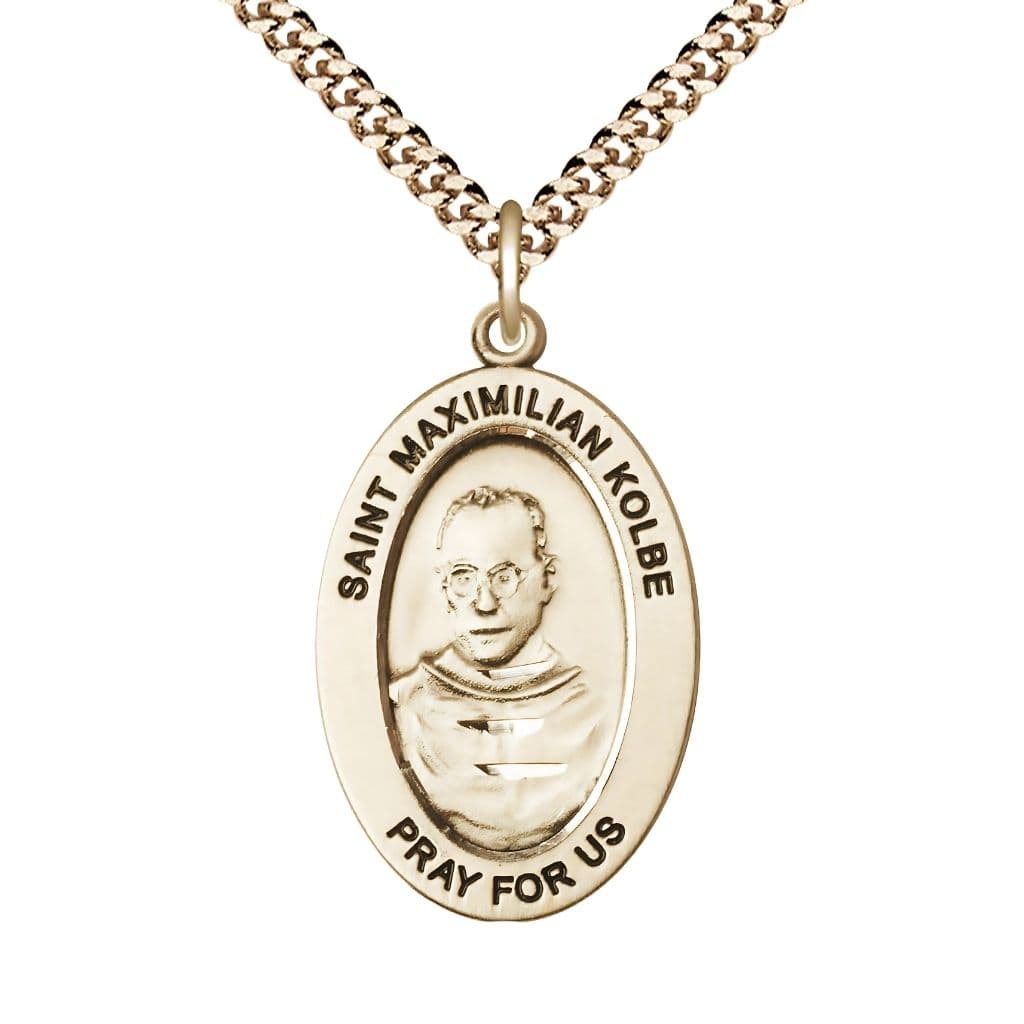 Bliss St. Maximilian Kolbe 14kt Gold-filled Oval Necklace with 24 inch Gold-Plated Chain, Medal Measures 1-inch tall by 5/8-inch wide.