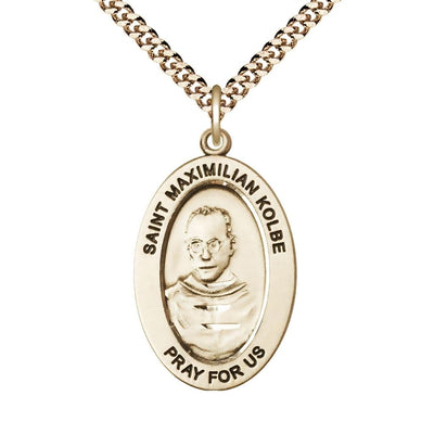 St. Maximilian Kolbe 14kt Gold-filled Oval Necklace with 24 inch Gold-Plated Chain, Medal Measures 1-inch tall by 5/8-inch wide, Bliss Manufacturing