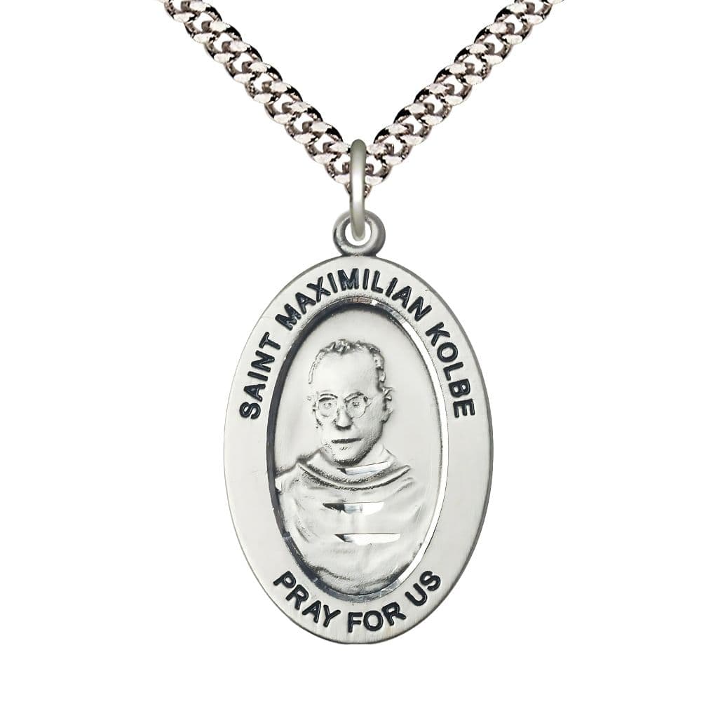 Bliss St. Maximilian Kolbe Sterling Silver Oval Necklace with 24 inch Rhodium-Plated Chain, Medal Measures 1-inch tall by 5/8-inch wide.
