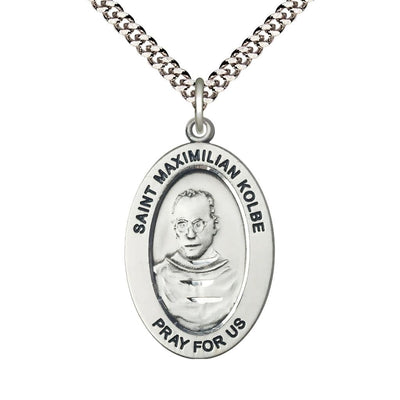 St. Maximilian Kolbe Sterling Silver Oval Necklace with 24 inch Rhodium-Plated Chain, Medal Measures 1-inch tall by 5/8-inch wide, Bliss Manufacturing