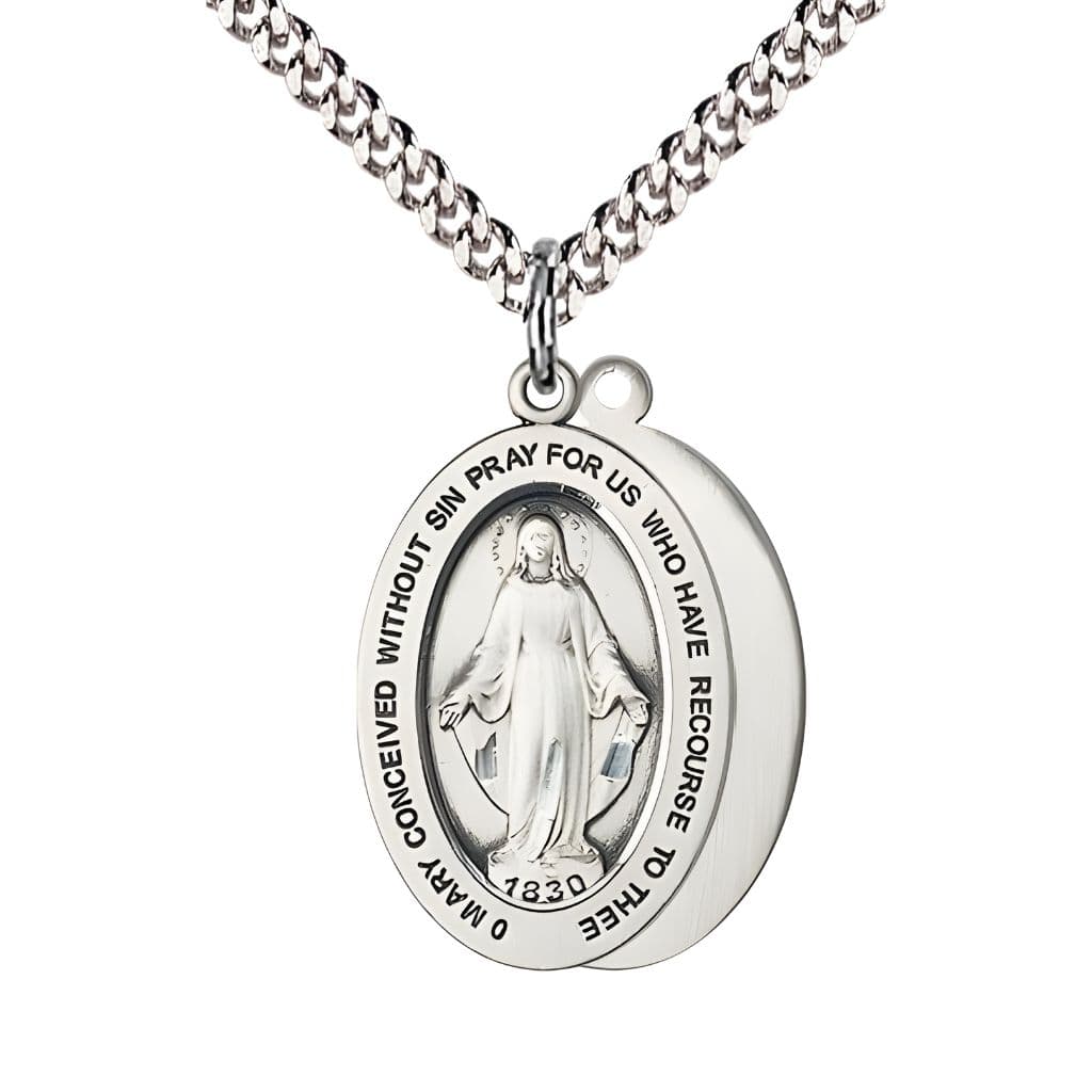 Bliss Miraculous Medal Pewter Oval Medal Necklace with Rhodium-plated Heavy Curb Chain, Measures 1-inch tall by 5/8-inch wide.
