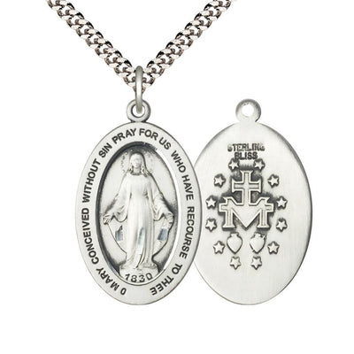 Miraculous Medal Sterling Silver Oval Medal Necklace with Rhodium-plated Heavy Curb Chain, Measures 1-inch tall by 5/8-inch wide, Bliss Manufacturing
