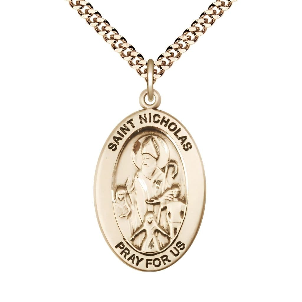Bliss St. Nicholas 14kt Gold-filled Oval Necklace with 24 inch Gold-Plated Chain, Medal Measures 1-inch tall by 5/8-inch wide.