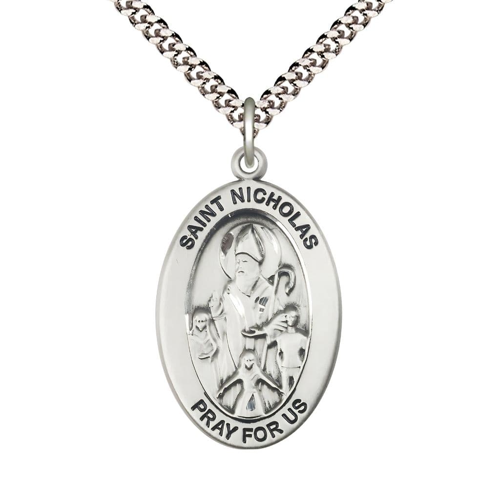 Bliss St. Nicholas Sterling Silver Oval Necklace with 24 inch Rhodium-Plated Chain, Medal Measures 1-inch tall by 5/8-inch wide.