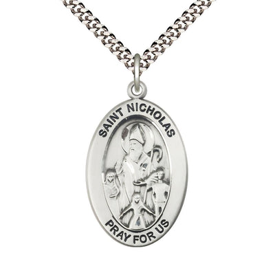 St. Nicholas Sterling Silver Oval Necklace with 24 inch Rhodium-Plated Chain, Medal Measures 1-inch tall by 5/8-inch wide, Bliss Manufacturing