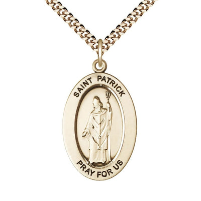 St. Patrick 14kt Gold-filled Oval Necklace with 24 inch Gold-Plated Chain, Medal Measures 1-inch tall by 5/8-inch wide, Bliss Manufacturing