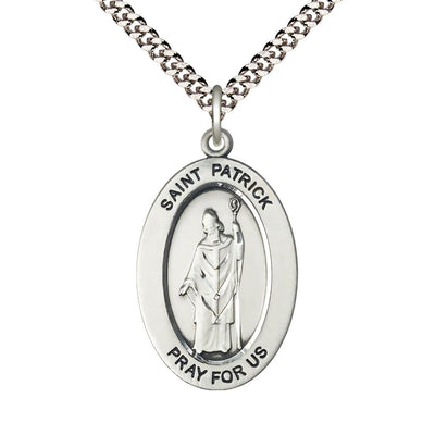 St. Patrick Pewter Oval Necklace with 24 inch Rhodium-Plated Chain, Medal Measures 1-inch tall by 5/8-inch wide, Bliss Manufacturing