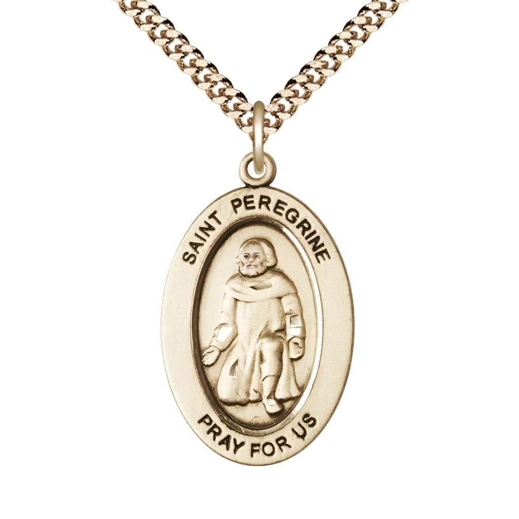 Bliss St. Peregrine Laziosi 14kt Gold-filled Oval Necklace with 24 inch Gold-Plated Chain, Medal Measures 1-inch tall by 5/8-inch wide.