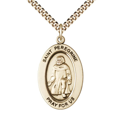 St. Peregrine Laziosi 14kt Gold-filled Oval Necklace with 24 inch Gold-Plated Chain, Medal Measures 1-inch tall by 5/8-inch wide, Bliss Manufacturing