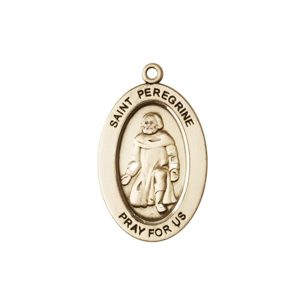 Bliss St. Peregrine Laziosi 14kt Gold Oval Pendant, Medal Measures 1-inch tall by 5/8-inch wide.