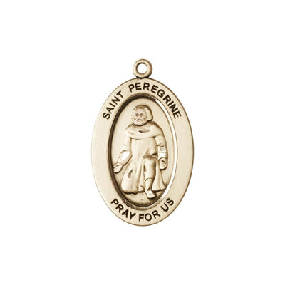 St. Peregrine Laziosi 14kt Gold Oval Pendant, Medal Measures 1-inch tall by 5/8-inch wide, Bliss Manufacturing
