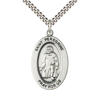 St. Peregrine Laziosi Sterling Silver Oval Necklace with 24 inch Rhodium-Plated Chain, Medal Measures 1-inch tall by 5/8-inch wide, Bliss Manufacturing