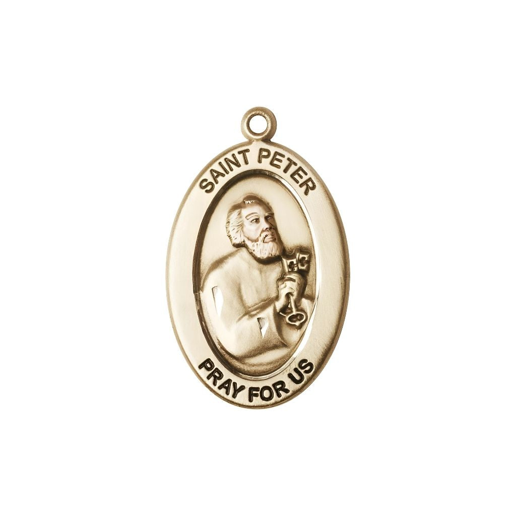 Bliss St. Peter the Apostle 14kt Gold Oval Pendant, Medal Measures 1-inch tall by 5/8-inch wide.