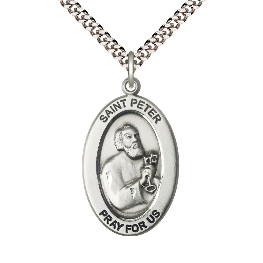 Bliss St. Peter the Apostle Sterling Silver Oval Necklace with 24 inch Rhodium-Plated Chain, Medal Measures 1-inch tall by 5/8-inch wide.