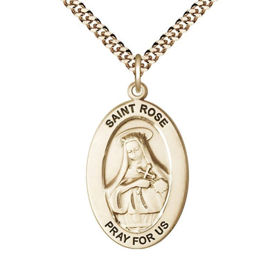 St. Rose of Lima 14kt Gold-filled Oval Necklace with 24 inch Gold-Plated Chain, Medal Measures 1-inch tall by 5/8-inch wide, Bliss Manufacturing