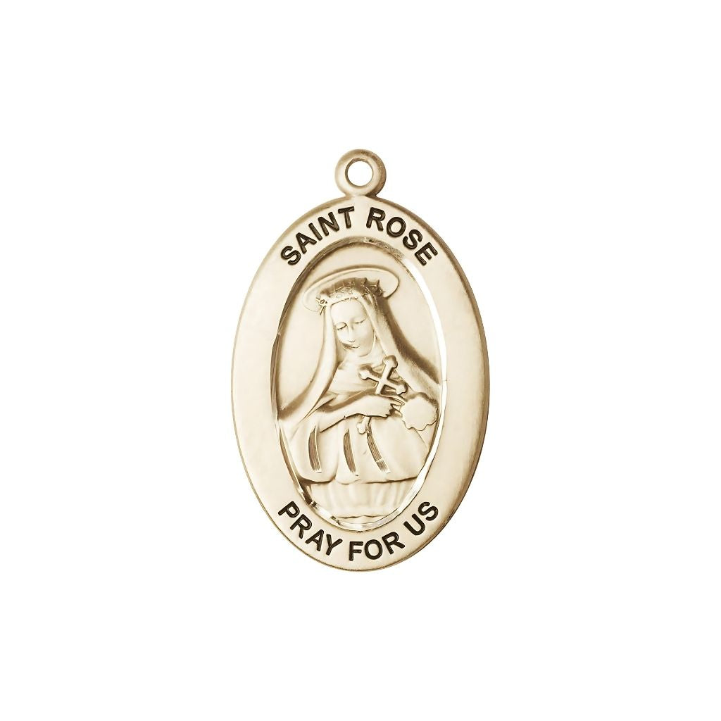 Bliss St. Rose of Lima 14kt Gold Oval Pendant, Medal Measures 1-inch tall by 5/8-inch wide.
