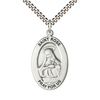St. Rose of Lima Sterling Silver Oval Necklace with 24 inch Rhodium-Plated Chain, Medal Measures 1-inch tall by 5/8-inch wide, Bliss Manufacturing