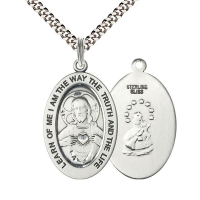 St. Scapular Sterling Silver Oval Necklace with 24 inch Rhodium-Plated Chain, Medal Measures 1-inch tall by 5/8-inch wide, Bliss Manufacturing