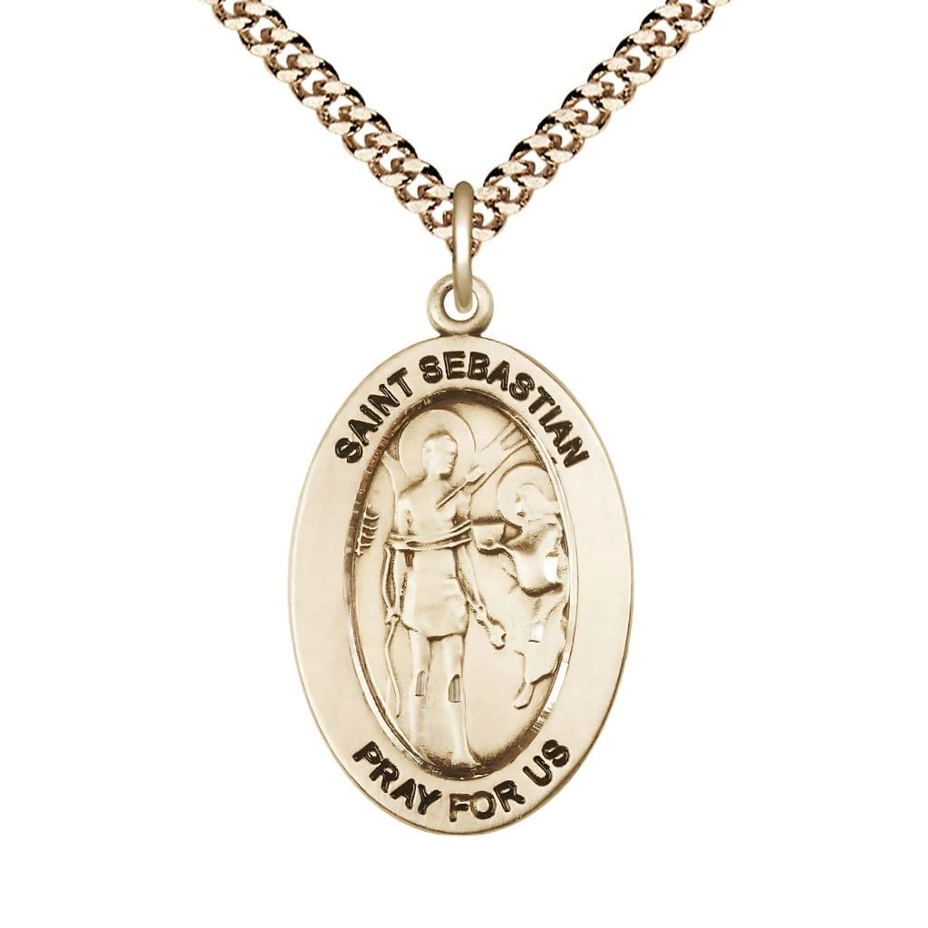 Bliss St. Sebastian 14kt Gold-filled Oval Necklace with 24 inch Gold-Plated Chain, Medal Measures 1-inch tall by 5/8-inch wide.