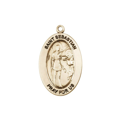 St. Sebastian 14kt Gold Oval Pendant, Medal Measures 1-inch tall by 5/8-inch wide, Bliss Manufacturing