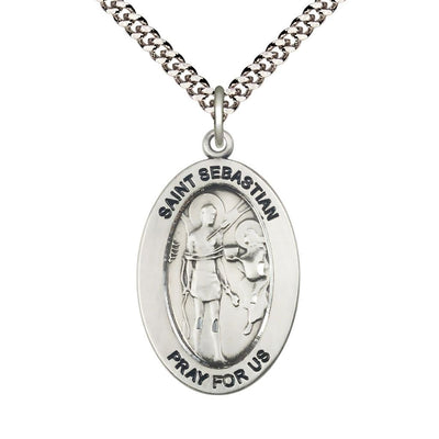 St. Sebastian Pewter Oval Necklace with 24 inch Rhodium-Plated Chain, Medal Measures 1-inch tall by 5/8-inch wide, Bliss Manufacturing
