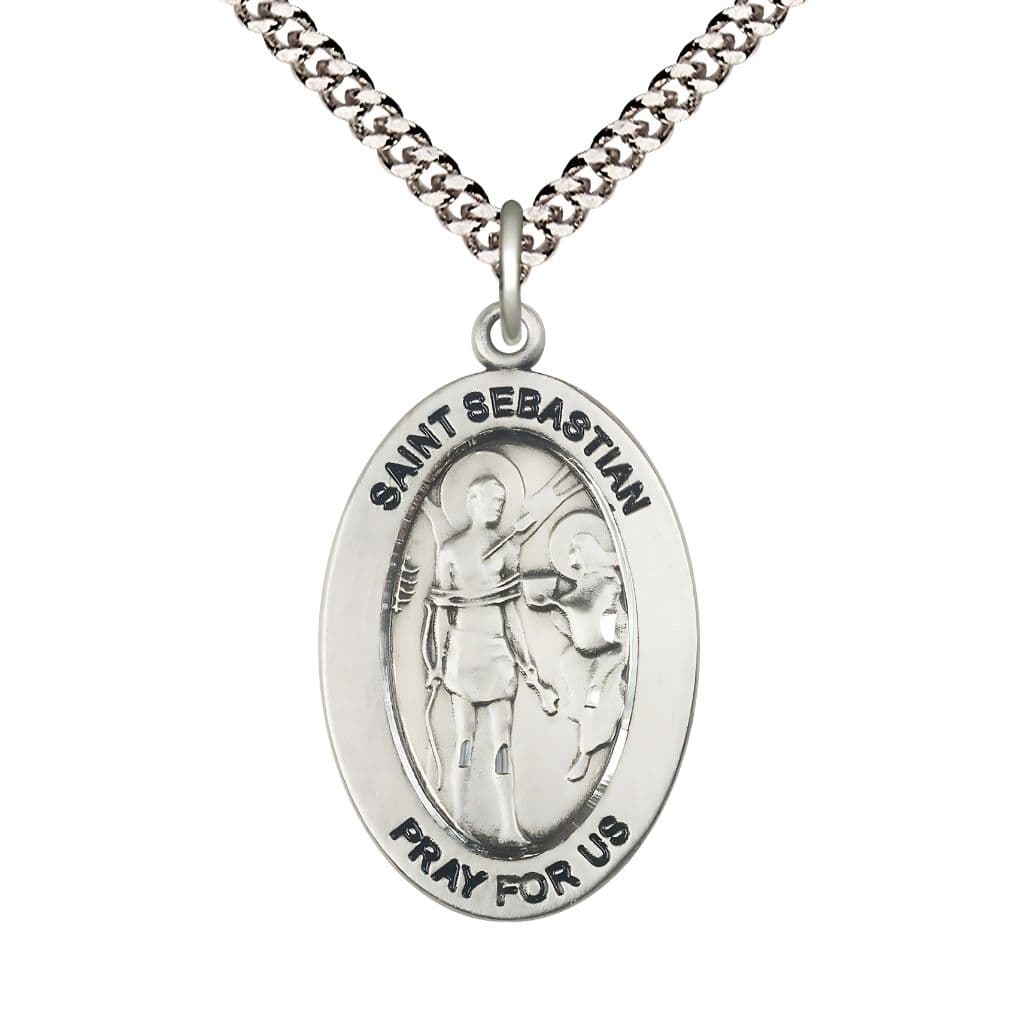 Bliss St. Sebastian Sterling Silver Oval Necklace with 24 inch Rhodium-Plated Chain, Medal Measures 1-inch tall by 5/8-inch wide.